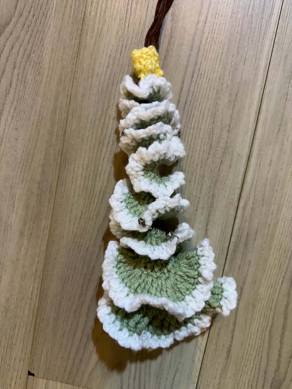 Handmade Crochet Christmas Tree Ornament Ruffle Jingle Bell Hanging Decor 11"